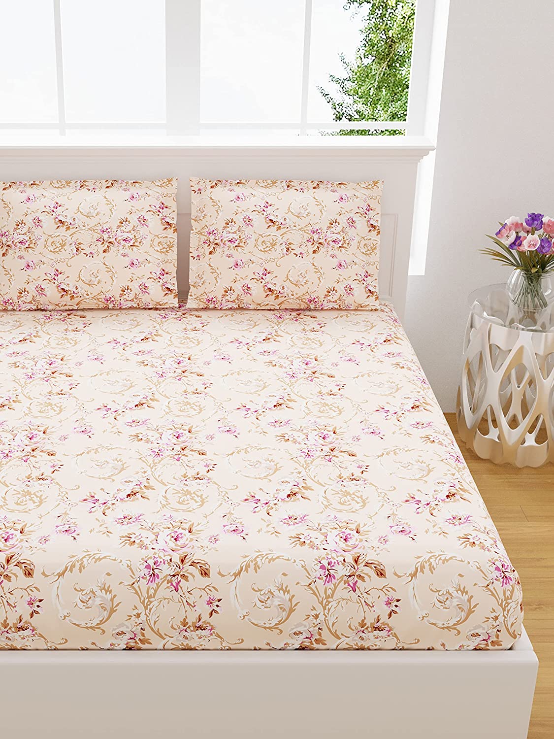 Cotton Printed Flat Double Bedsheet with Two Pillow Covers (108 x108 Inches, Vintage Garden Romance, Pink)