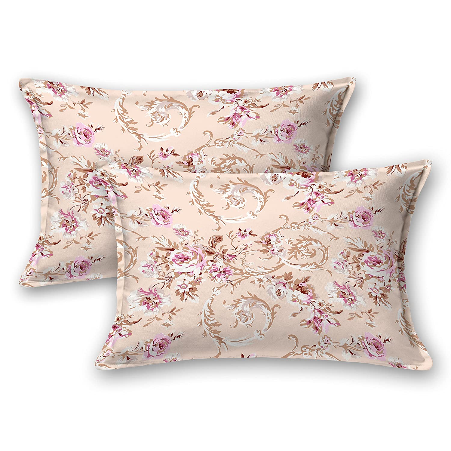 Cotton Printed Flat Double Bedsheet with Two Pillow Covers (108 x108 Inches, Vintage Garden Romance, Pink)