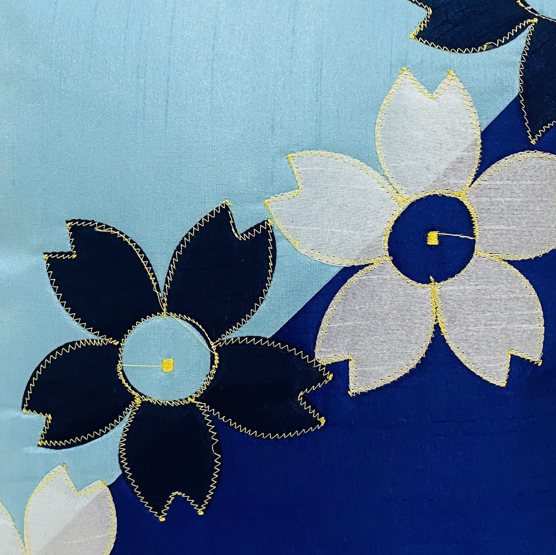 BUNIO Set of 5 Designer Silk Embroidery Flower Cushion Covers – 16 x 16 inches – (Blue)