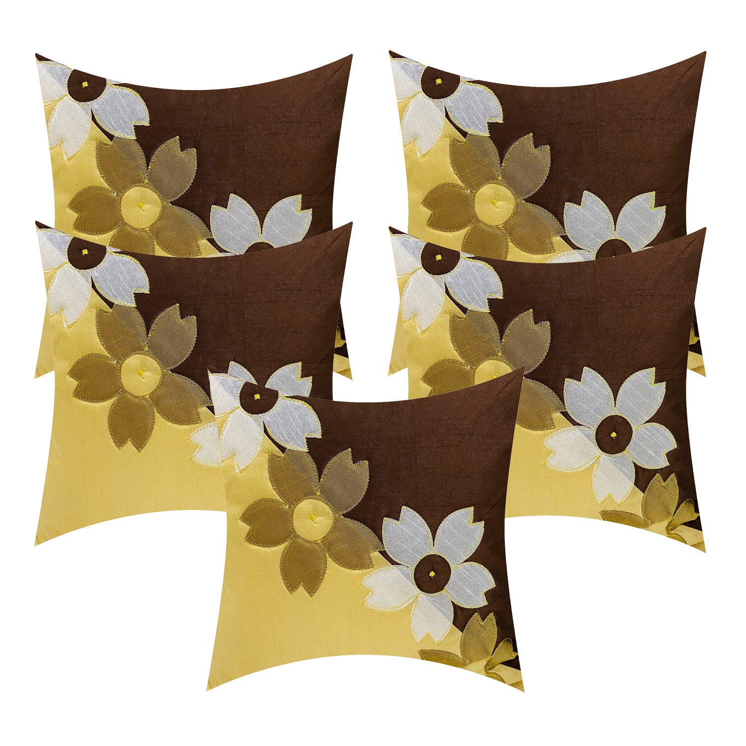 BUNIO Set of 5 Designer Silk Embroidery Flower Cushion Covers – 16 x 16 inches – Brown