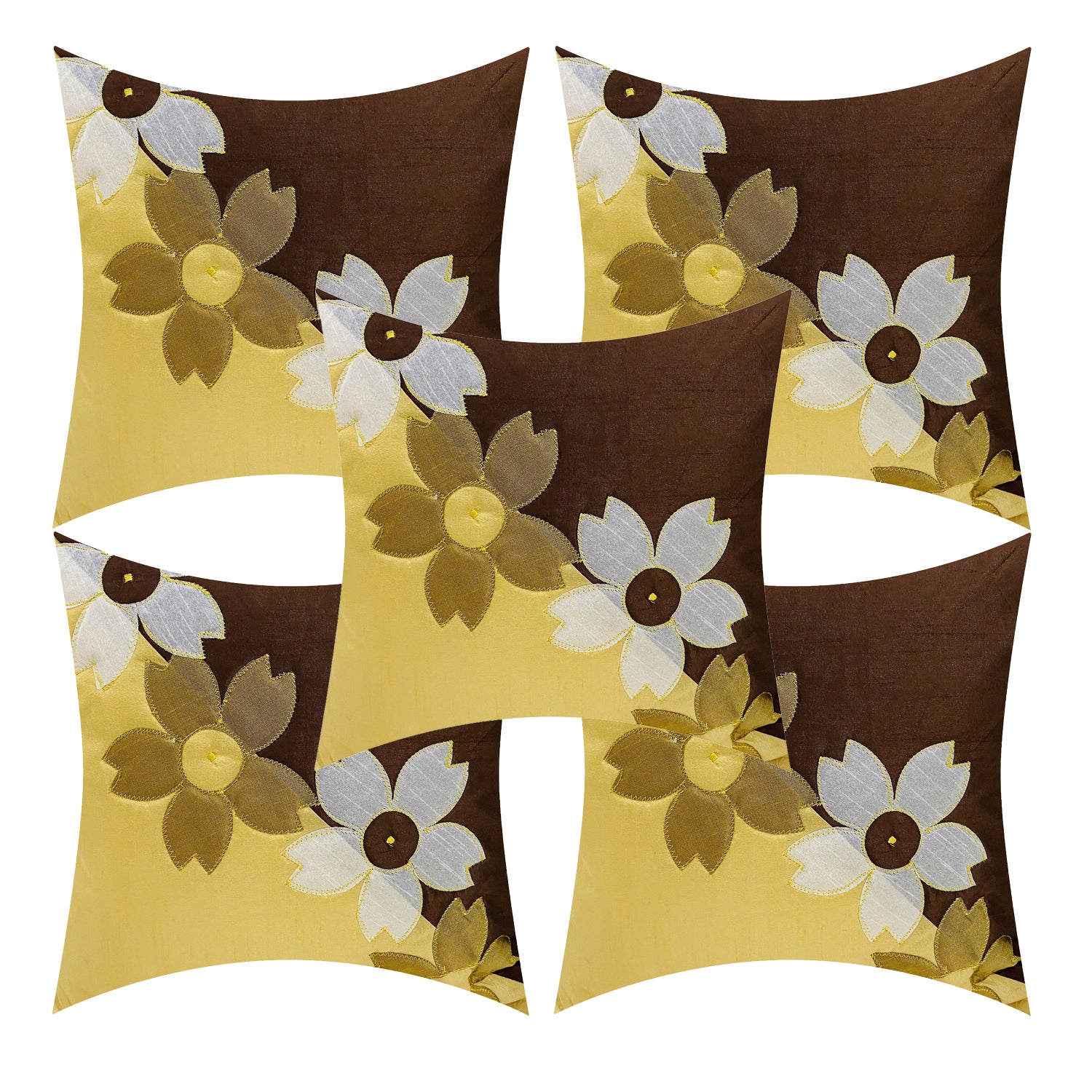BUNIO Set of 5 Designer Silk Embroidery Flower Cushion Covers – 16 x 16 inches – Brown