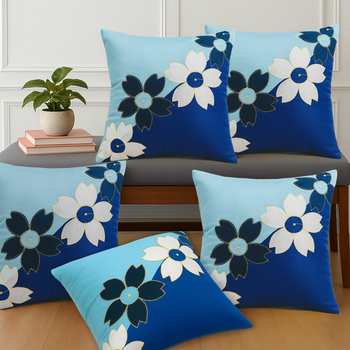 BUNIO Set of 5 Designer Silk Embroidery Flower Cushion Covers – 16 x 16 inches – (Blue)