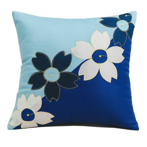 BUNIO Set of 5 Designer Silk Embroidery Flower Cushion Covers – 16 x 16 inches – (Blue)