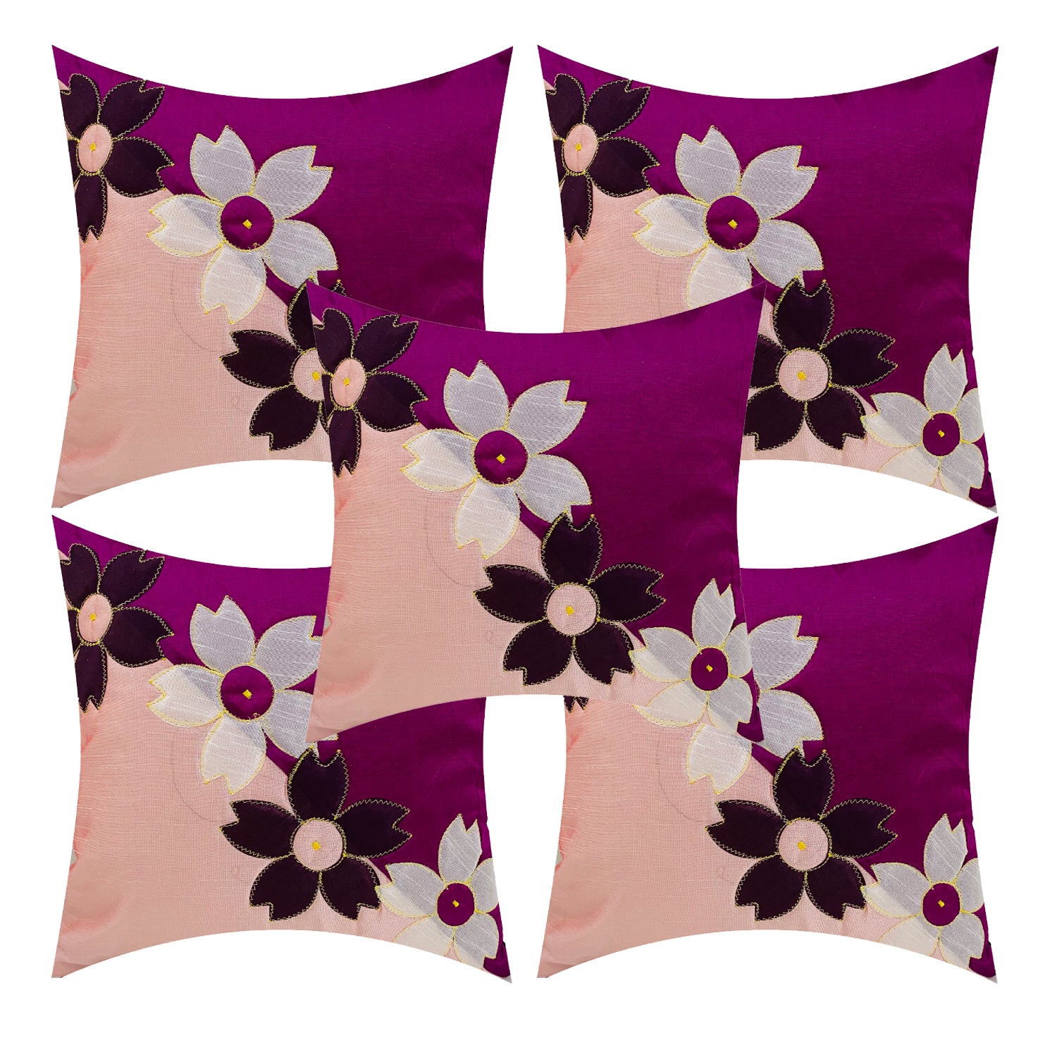 BUNIO Set of 5 Designer Silk Embroidery Flower Cushion Covers – 16 x 16 inches – (Pink)