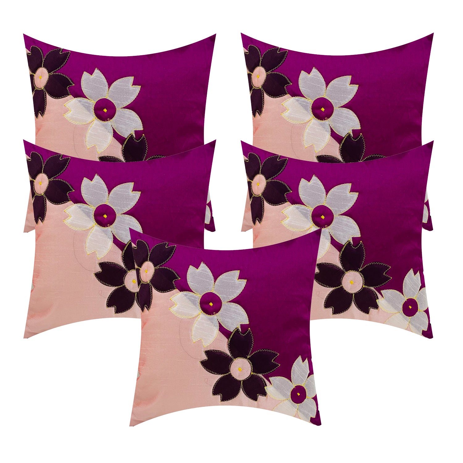 BUNIO Set of 5 Designer Silk Embroidery Flower Cushion Covers – 16 x 16 inches – (Pink)