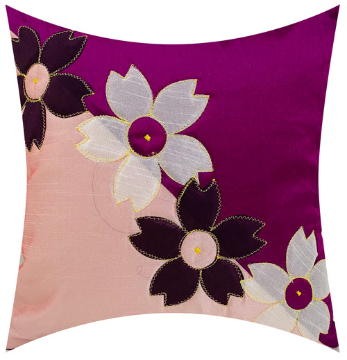 BUNIO Set of 5 Designer Silk Embroidery Flower Cushion Covers – 16 x 16 inches – (Pink)